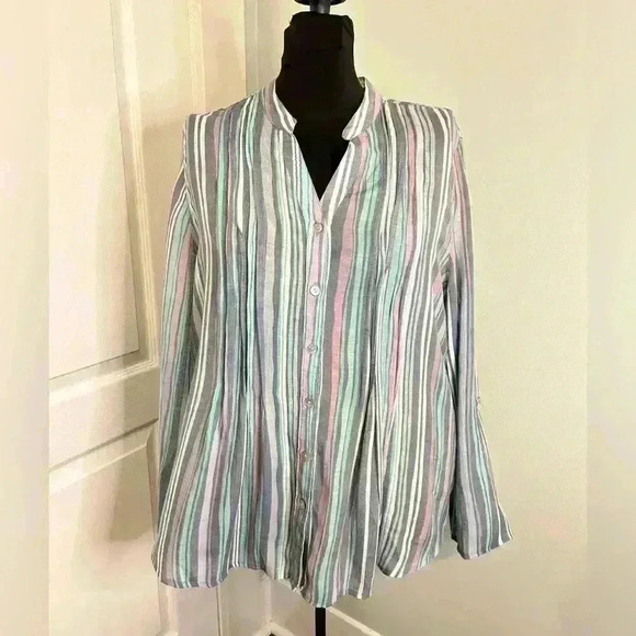 Ruby Rd Women’s L V Neck Button Down Striped‎ Rayon Blend Long Sleeve Top - Picture 1 of 13